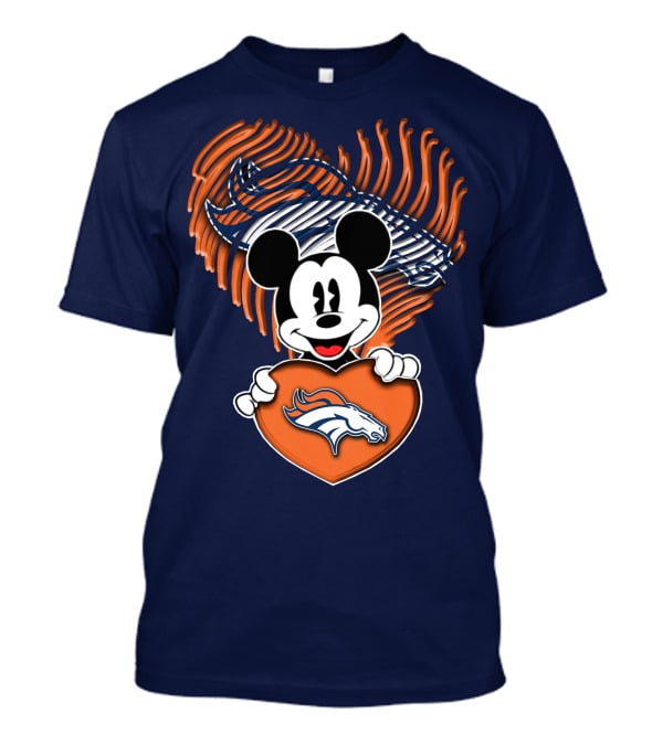Mickey Mouse Holding Denver Broncos Logo Heart With Bronco Horse Outline T-Shirt