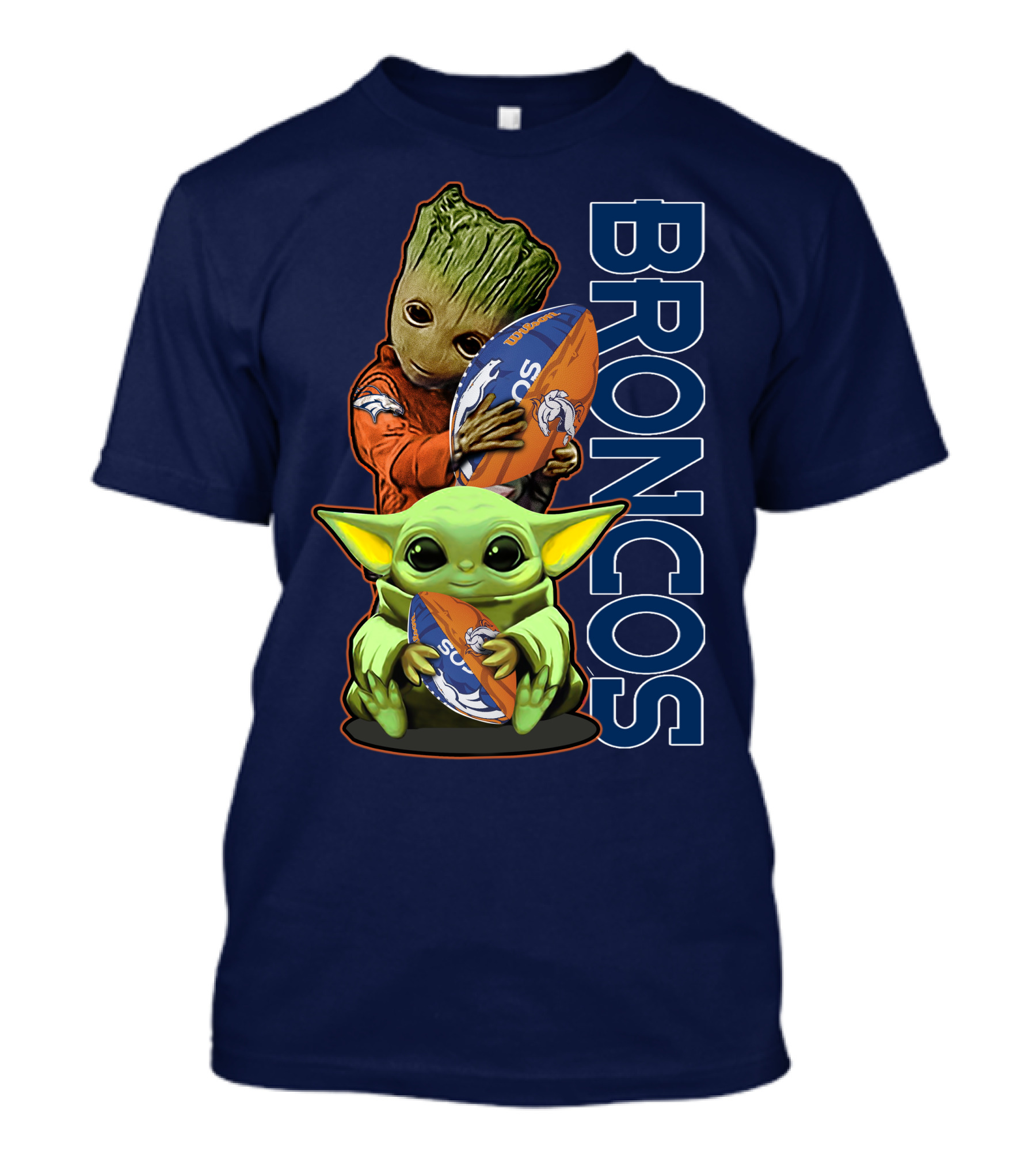 Grzd Denver Broncos Groot And Baby Yoda Holding Broncos Football T-Shirt