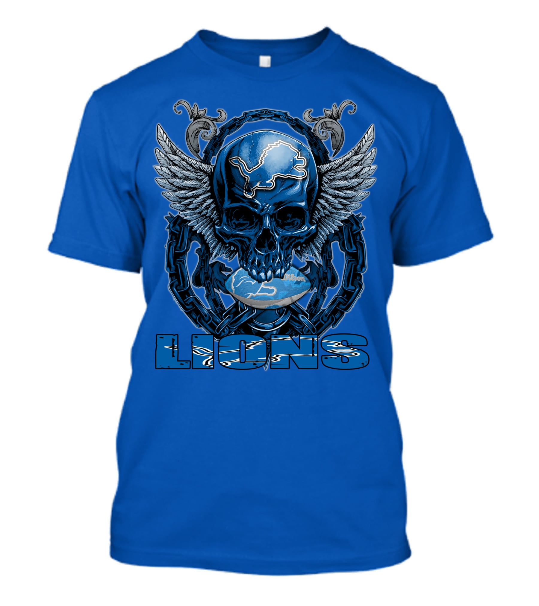 Winged Skull Detroit Lions Emblem Blue Silver Chains T-Shirt