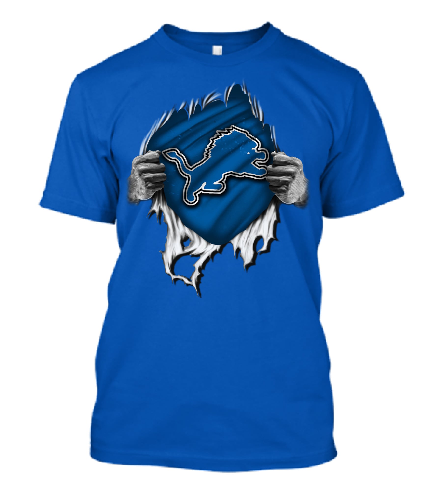 Torn DETROIT LIONS Logo Revealed Through Ripped Blue Fabric T-Shirt