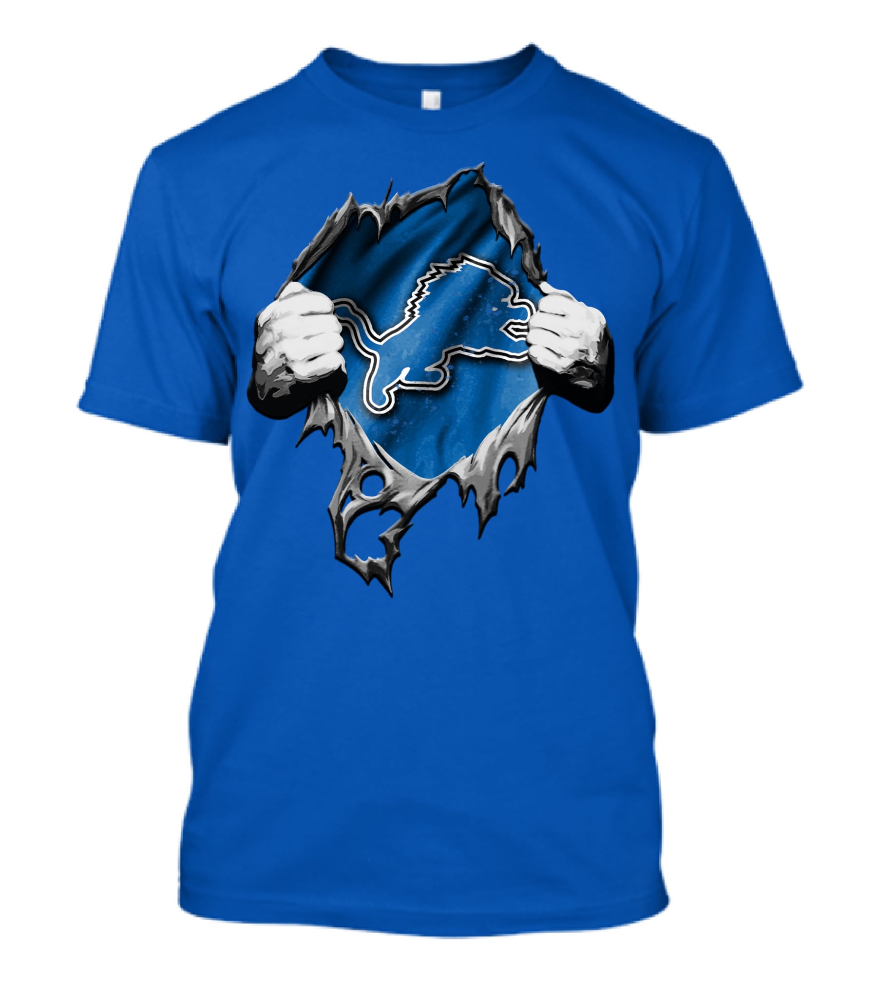Torn Skin Revealing Detroit Lions Emblem On Blue T-Shirt