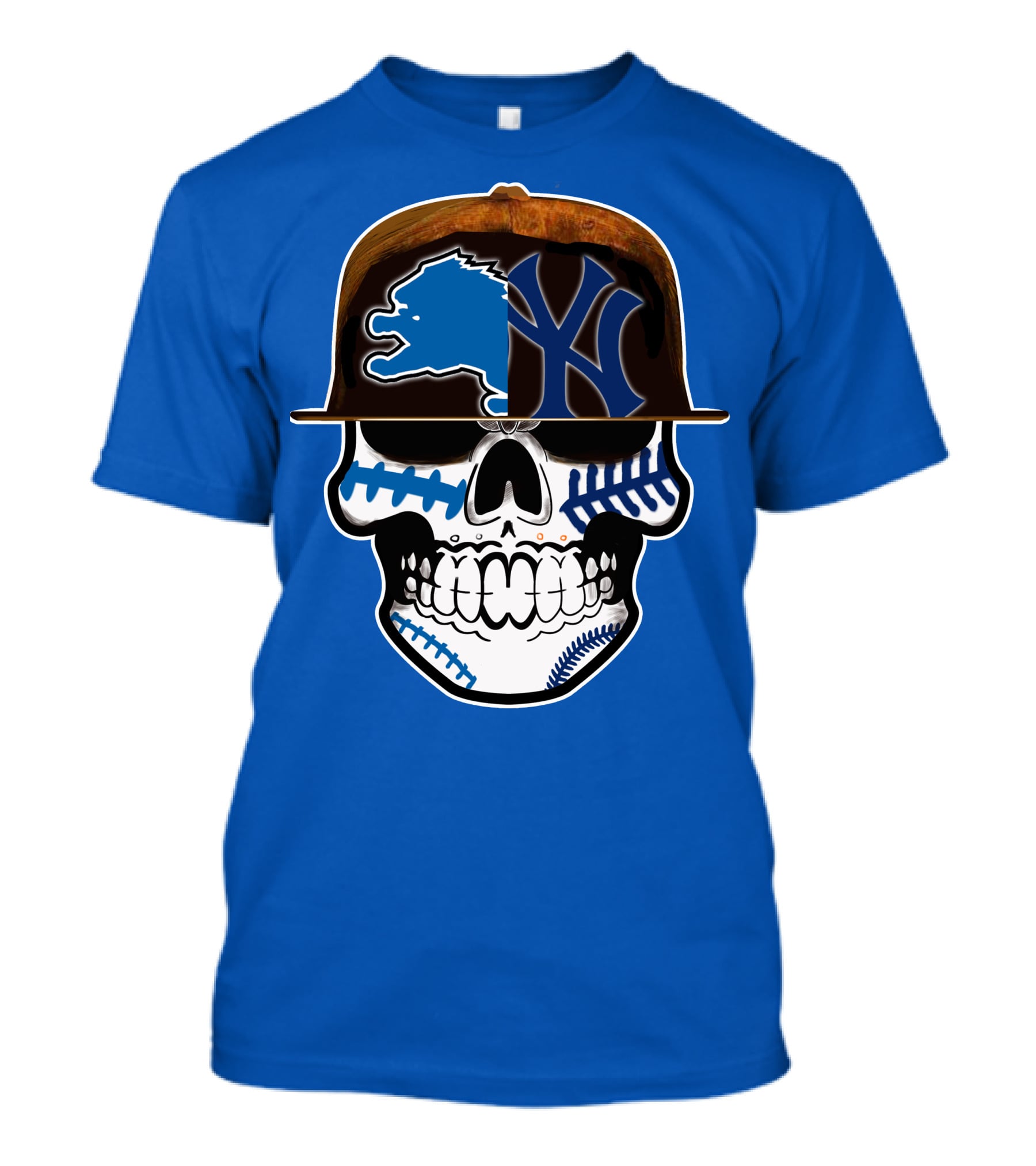 Detroit Lions Yankees Skull Blue Baseball Hat 74 T-Shirt