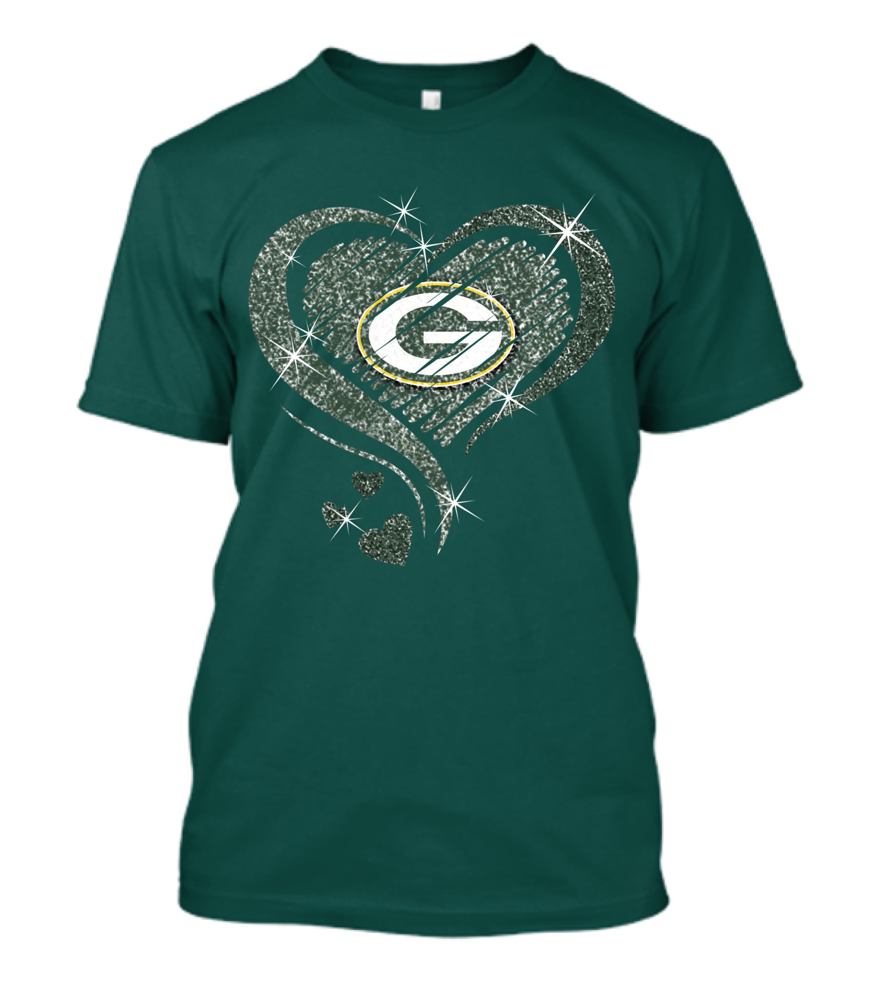 Green Bay Packers Heart Diamond Sparkle T-Shirt