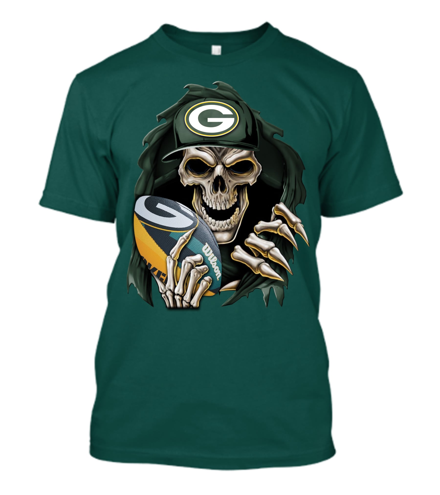 Skull With Green Bay Packers Cap Holding Football On Dark Green T-Shirt