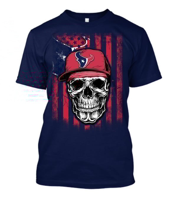 Skull In Houston Texans Hat With American Flag Background T-Shirt