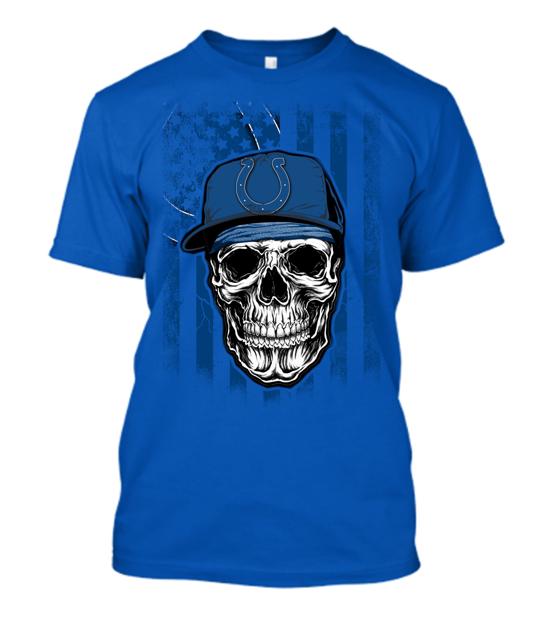 Skull Indianapolis Colts Blue Cap American Flag Background T-Shirt