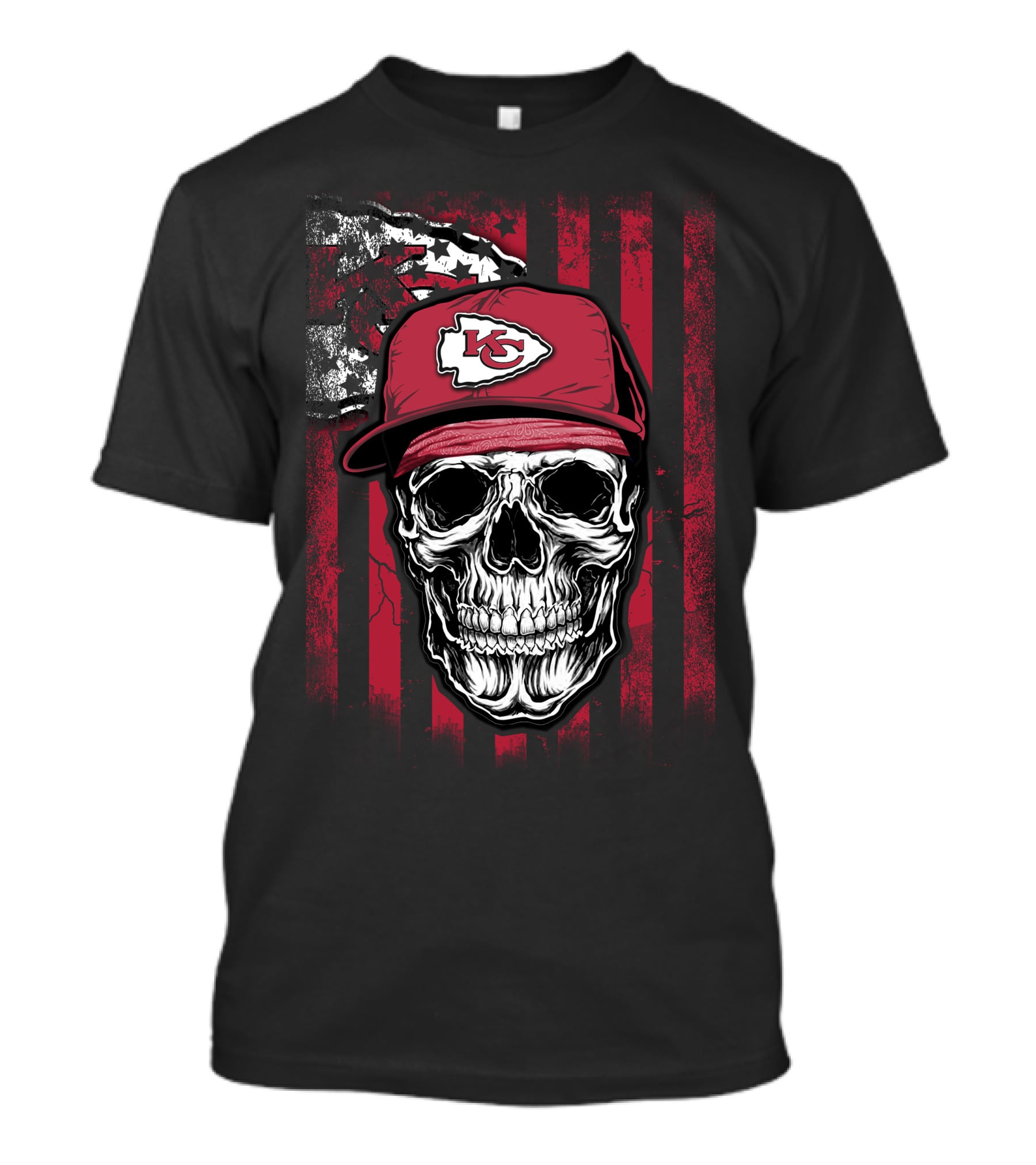 Kansas City Chiefs Skull With Red Cap And Flag Background T-Shirt