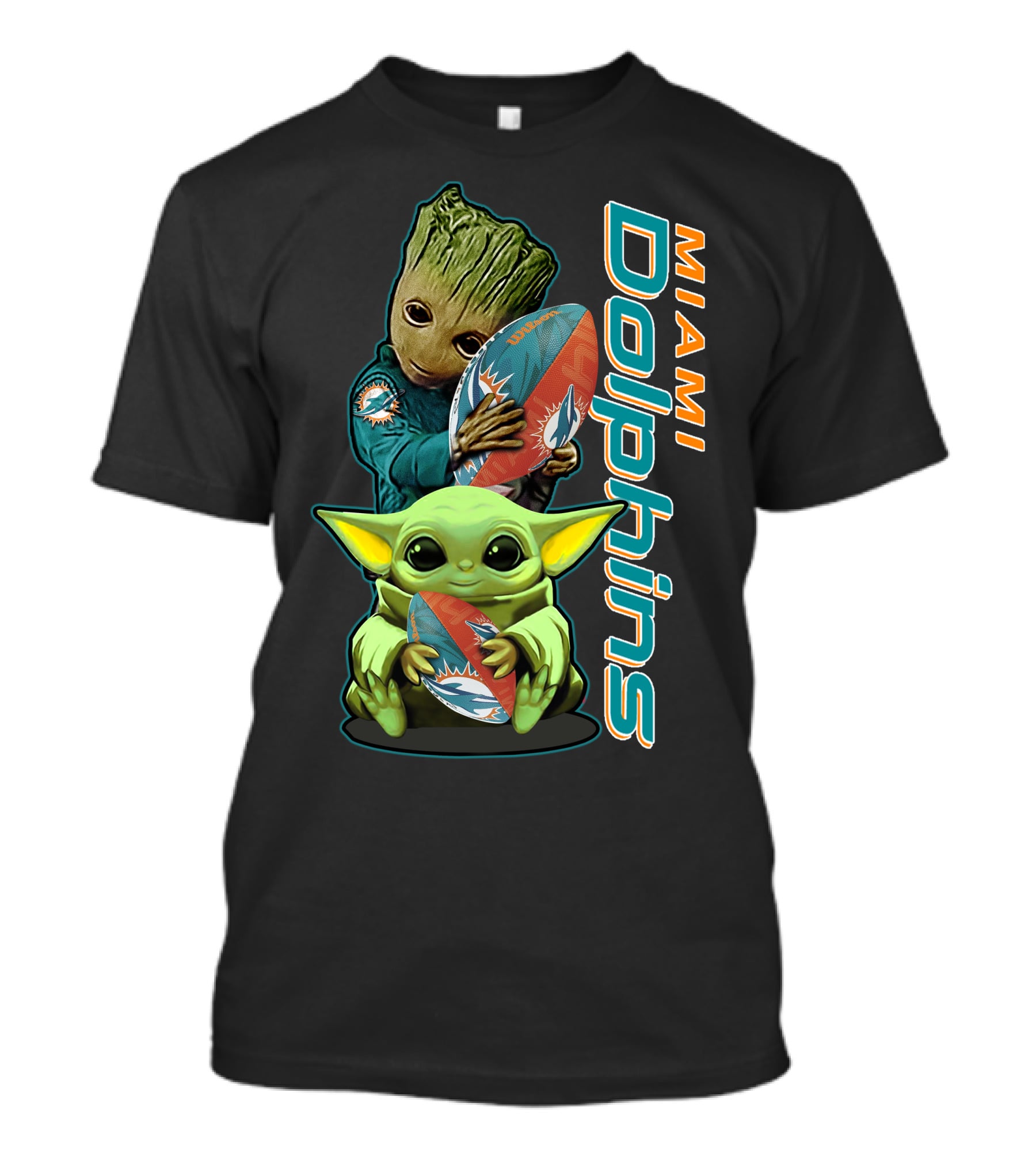 Grzd Miami Dolphins Groot And Baby Yoda Football T-Shirt