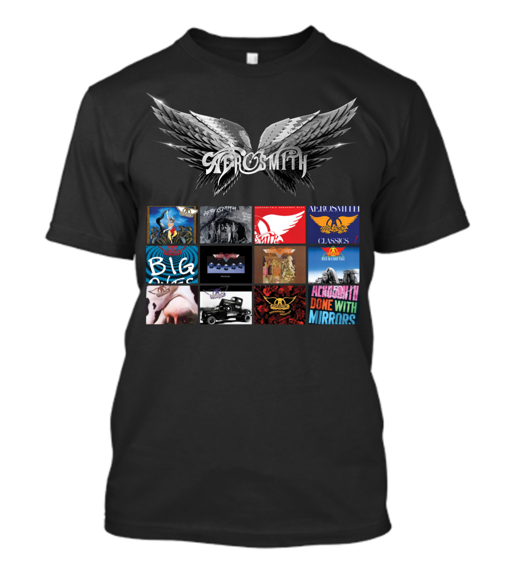 Aerosmith Wings Logo With Album Covers Collection Classics Big Ones Permanent Vacation Pump Done With Mirrors T-Shirt