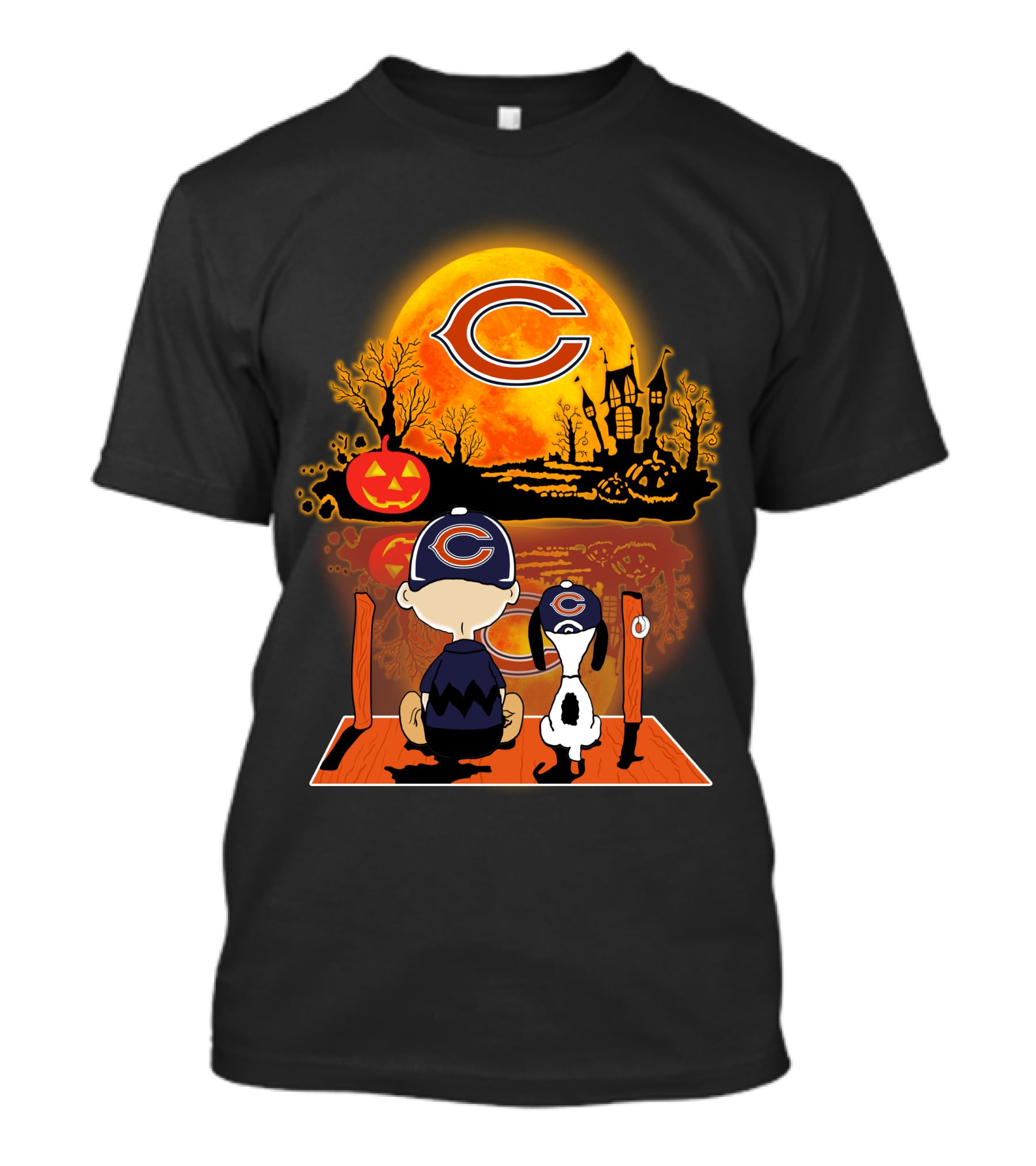 Chicago Bears Snoopy Charlie Brown Halloween Pumpkin Moon Scene T-Shirt