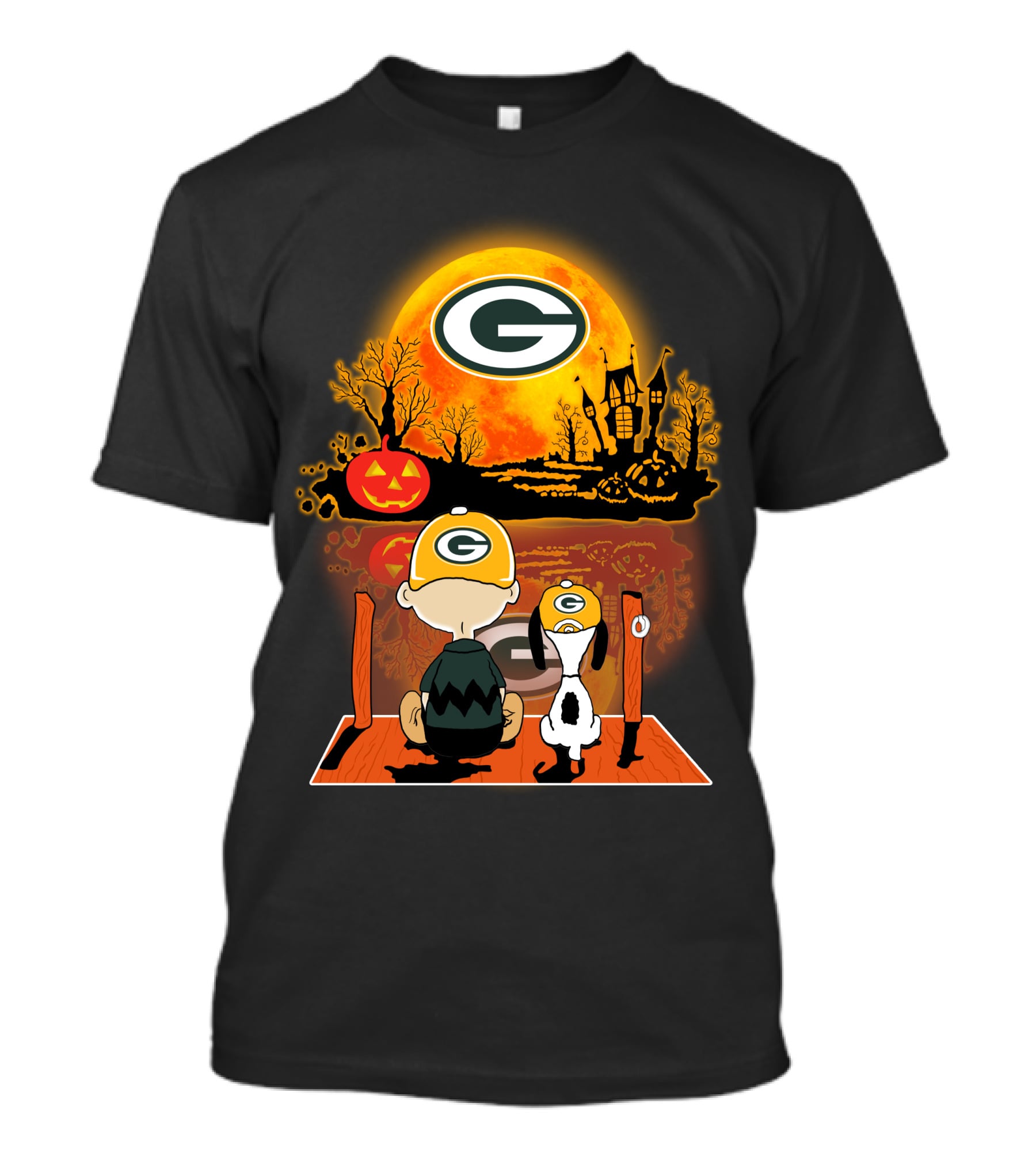 Green Bay Packers Snoopy Charlie Brown Halloween Moon Pumpkin T-Shirt