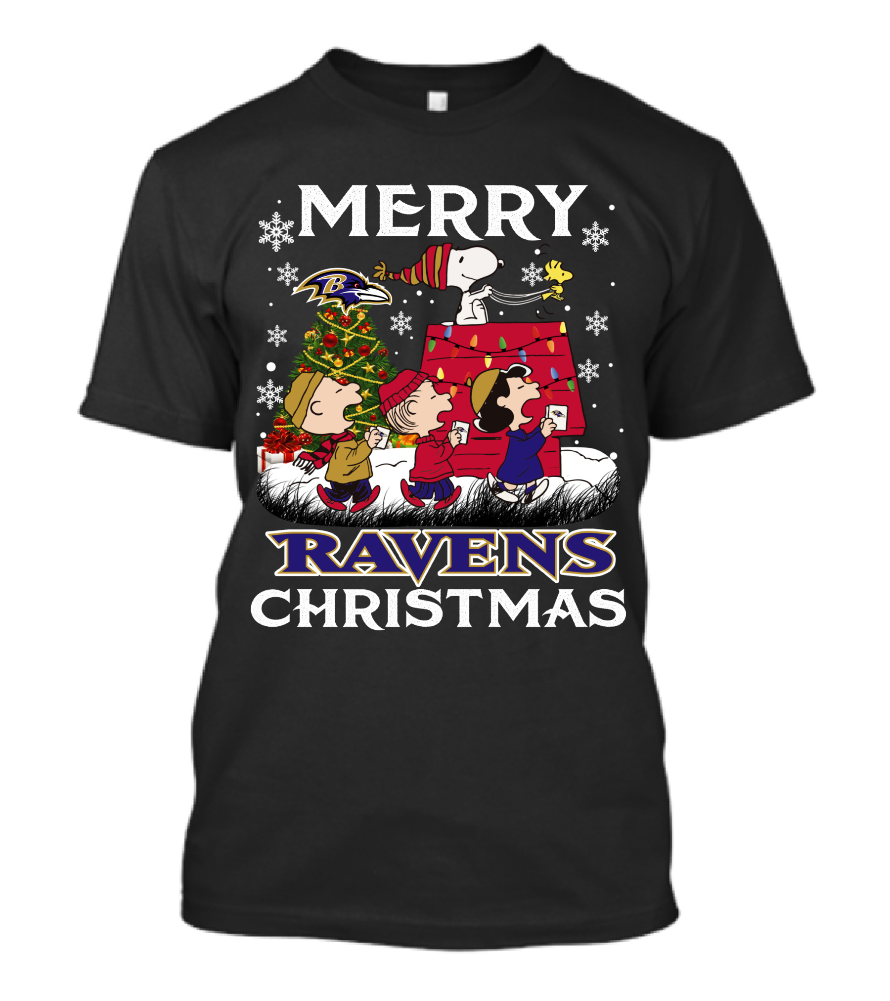Baltimore Ravens Snoopy Merry Christmas Peanuts Lucy Linus Woodstock T-Shirt