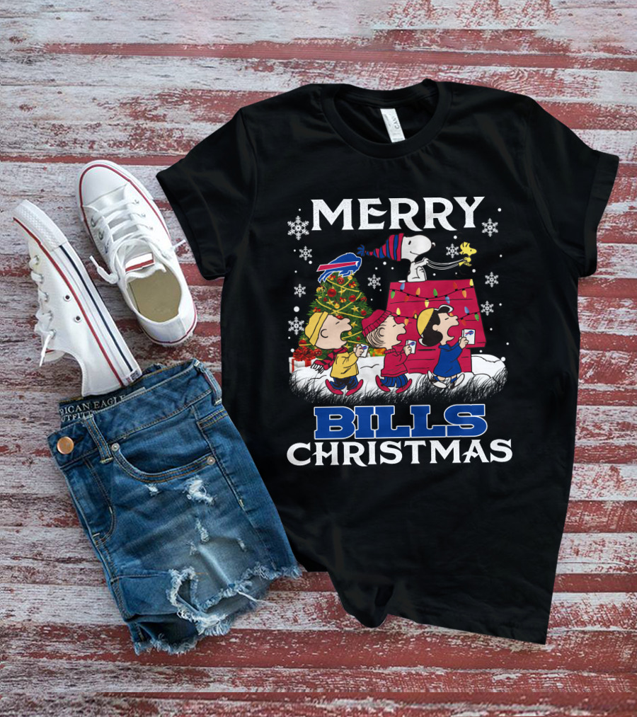 Buffalo Bills Snoopy Merry Christmas With Peanuts Characters And Festive Tree T-Shirt