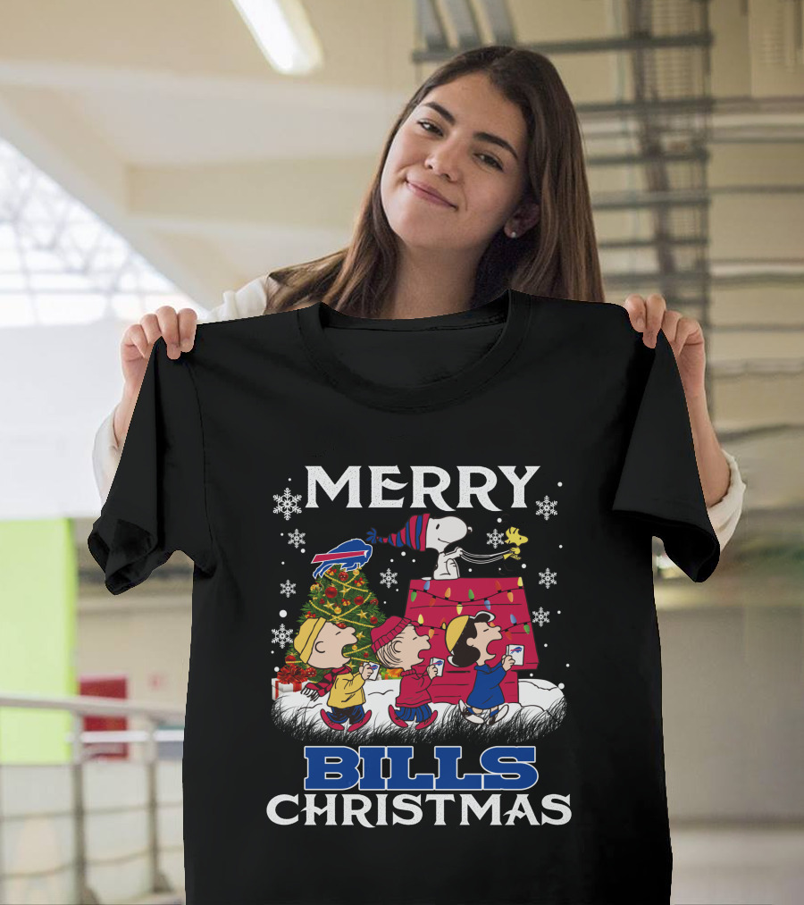 Buffalo Bills Snoopy Merry Christmas With Peanuts Characters And Festive Tree T-Shirt