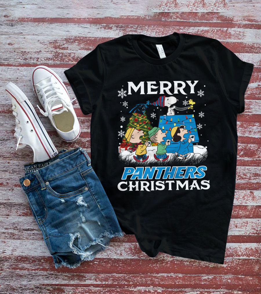 Merry Panthers Christmas Snoopy And Friends Holiday Scene T-Shirt
