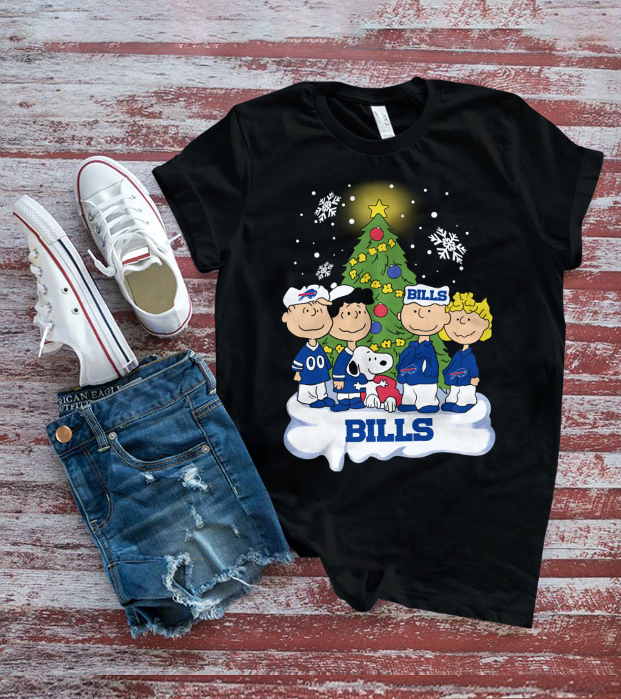 Snoopy And Peanuts Characters Celebrating With Buffalo Bills Christmas Tree T-Shirt