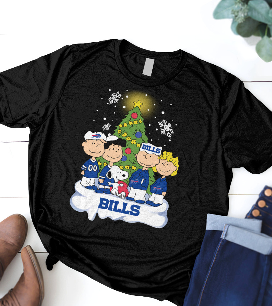 Snoopy And Peanuts Characters Celebrating With Buffalo Bills Christmas Tree T-Shirt