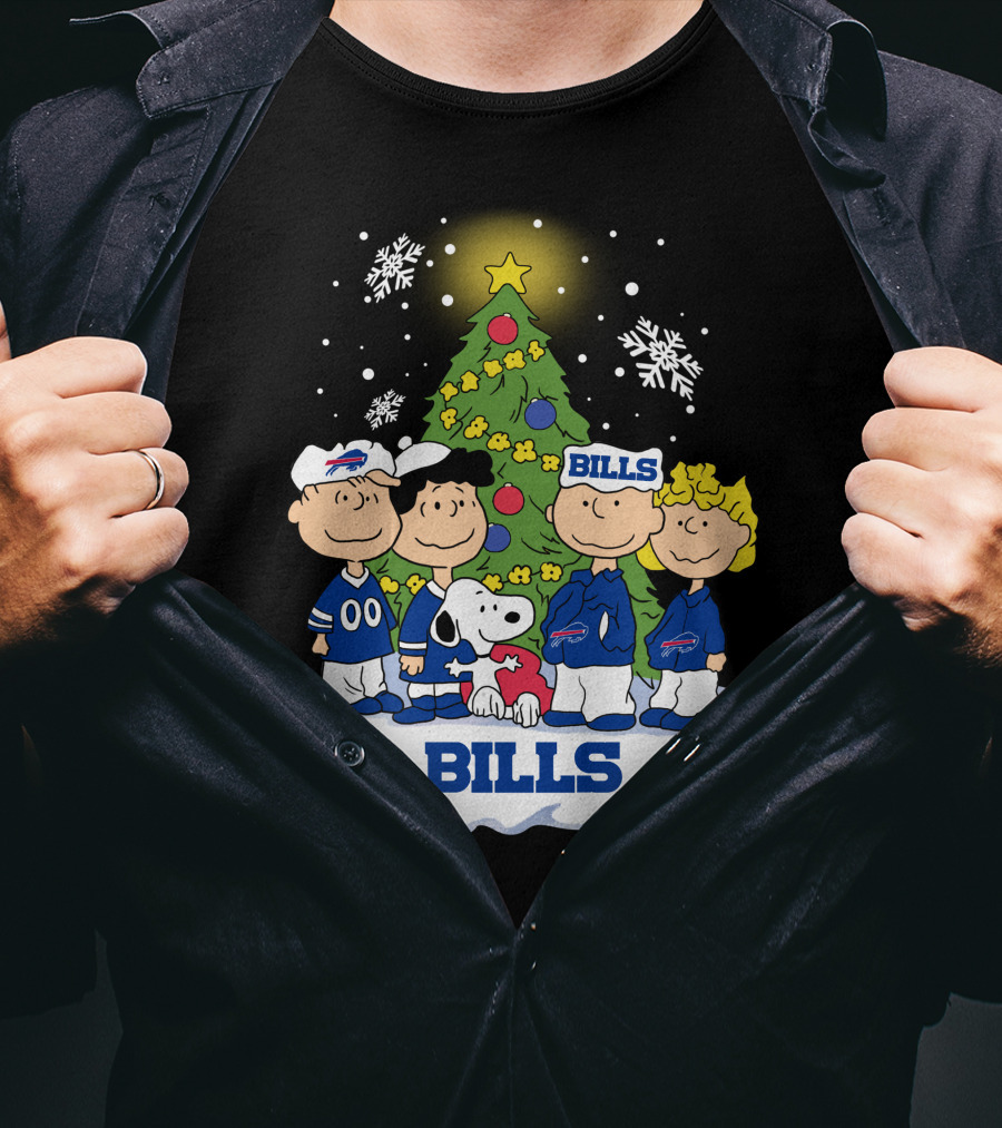 Snoopy And Peanuts Characters Celebrating With Buffalo Bills Christmas Tree T-Shirt