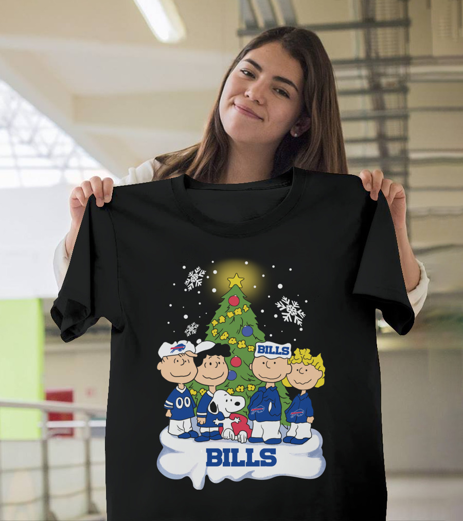 Snoopy And Peanuts Characters Celebrating With Buffalo Bills Christmas Tree T-Shirt