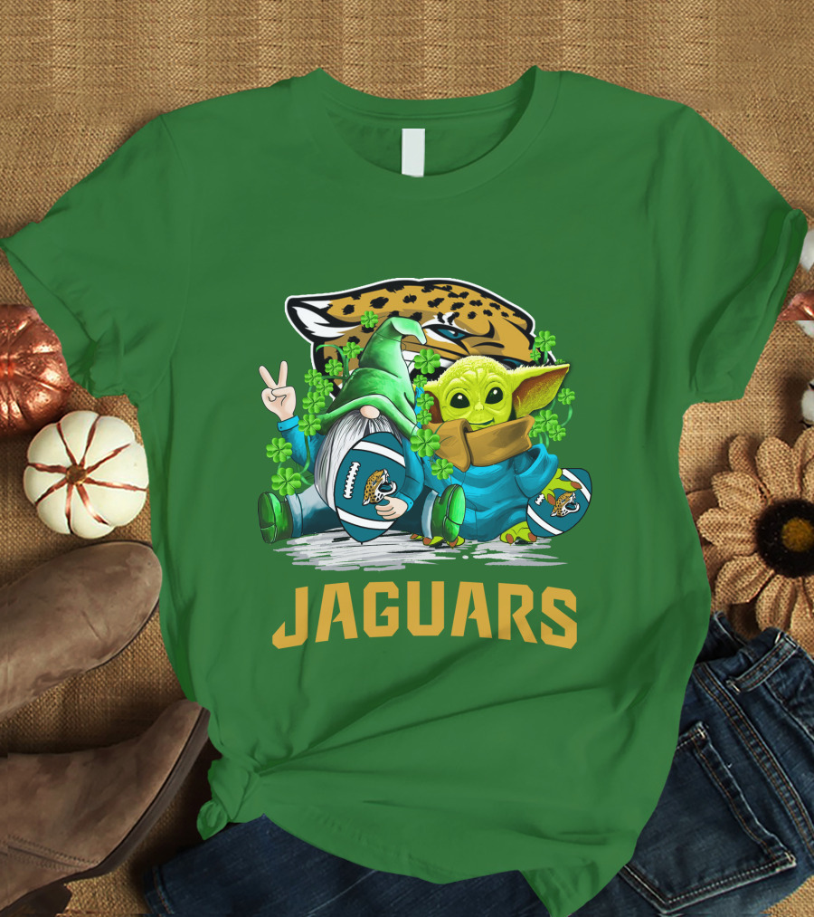 Jacksonville Jaguars St. Patrick's Day Gnome And Baby Alien Football With Shamrocks T-Shirt