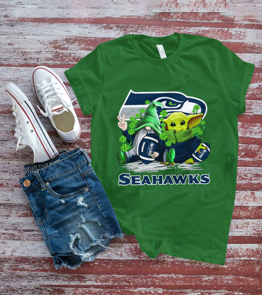 Seattle Seahawks St. Patrick's Day Gnome And Baby Yoda Football T-Shirt