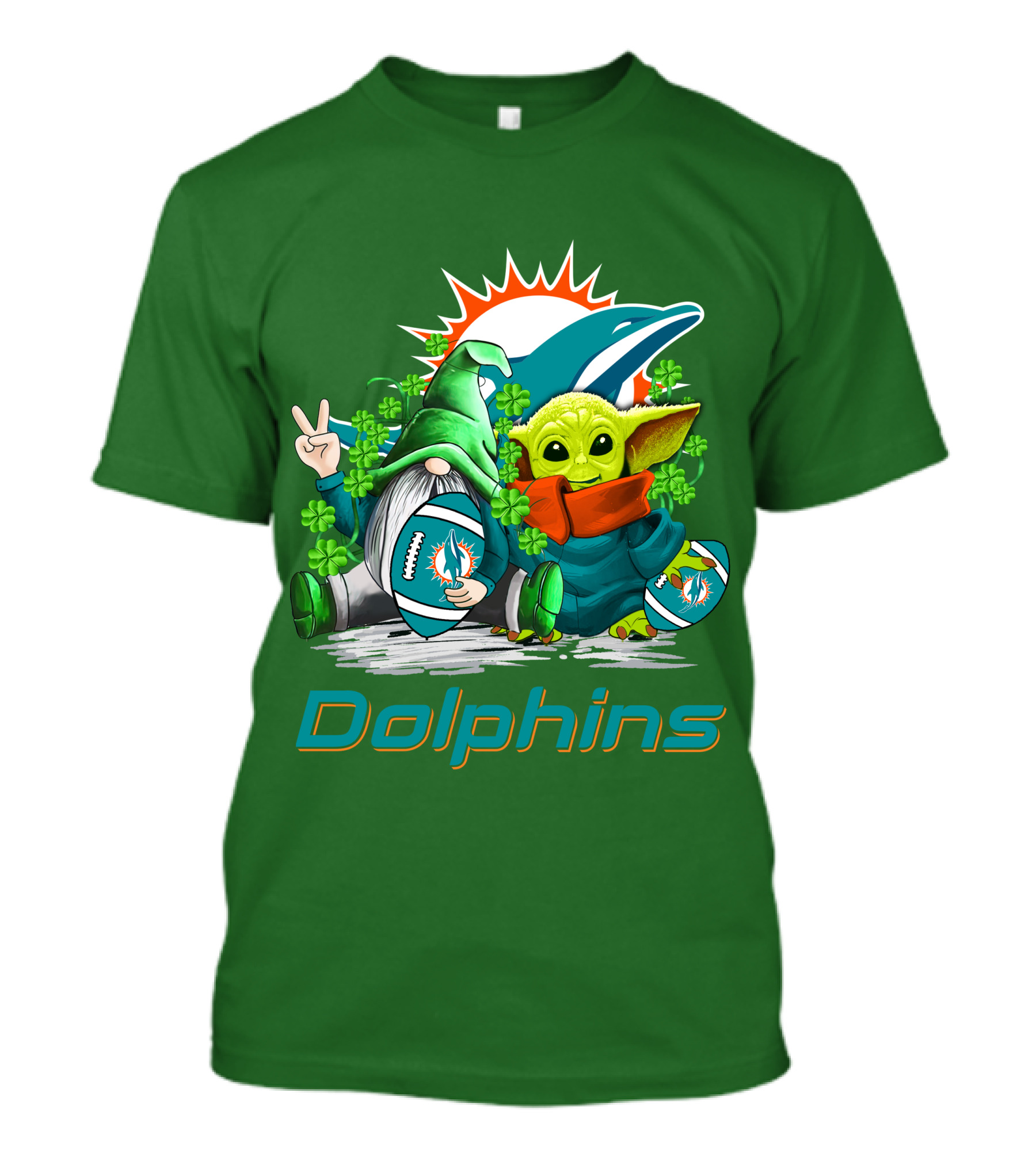 Miami Dolphins St Patrick's Day Football Gnome And Baby Alien With Shamrocks T-Shirt