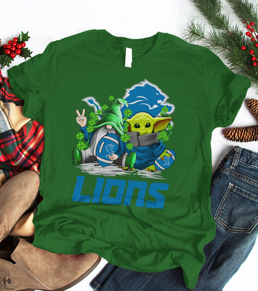 Detroit Lions St. Patrick's Day Gnome And Yoda Football T-Shirt