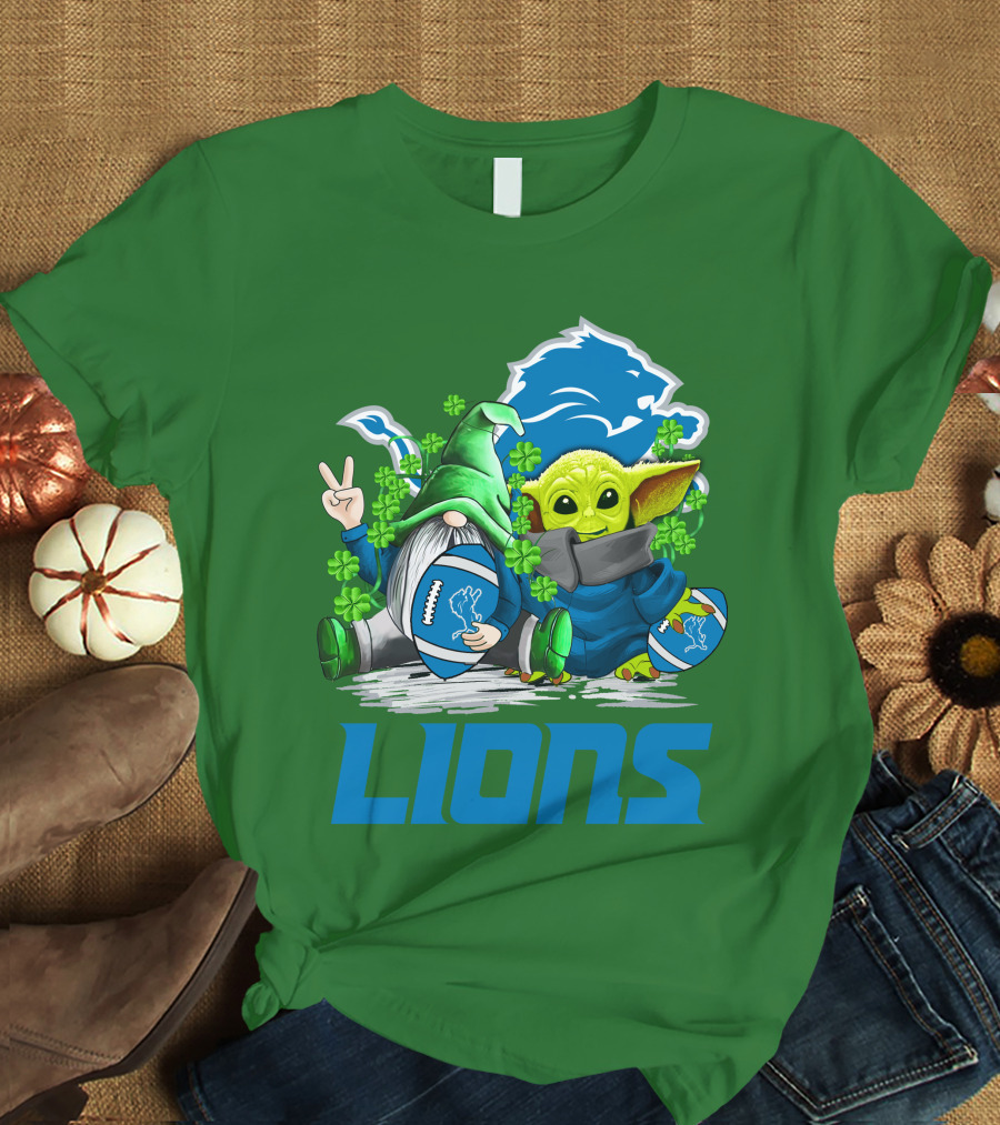 Detroit Lions St. Patrick's Day Gnome And Yoda Football T-Shirt