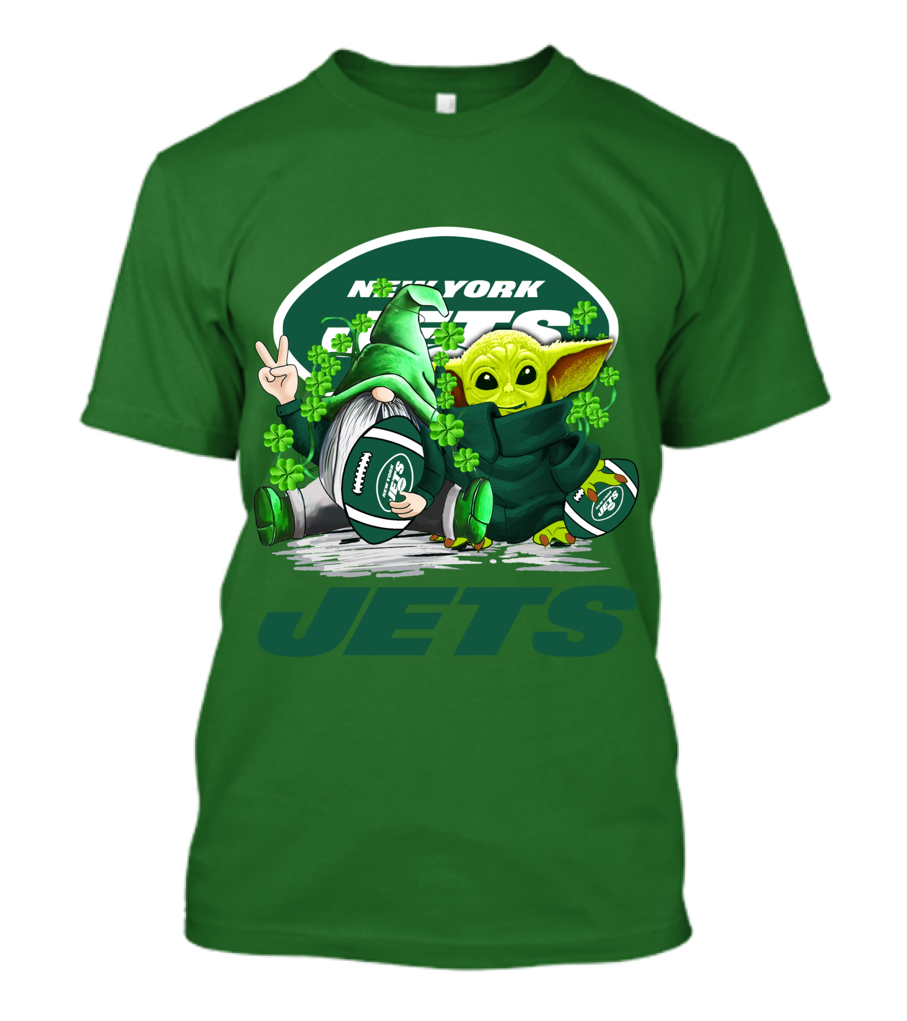 New York Jets Football St. Patrick's Day Baby Yoda And Gnome With Shamrocks T-Shirt