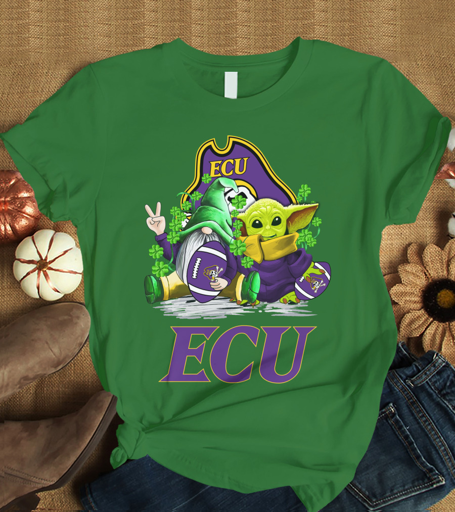 ECU East Carolina Pirates Football St. Patrick's Day Celebration With Gnome And Baby Alien T-Shirt