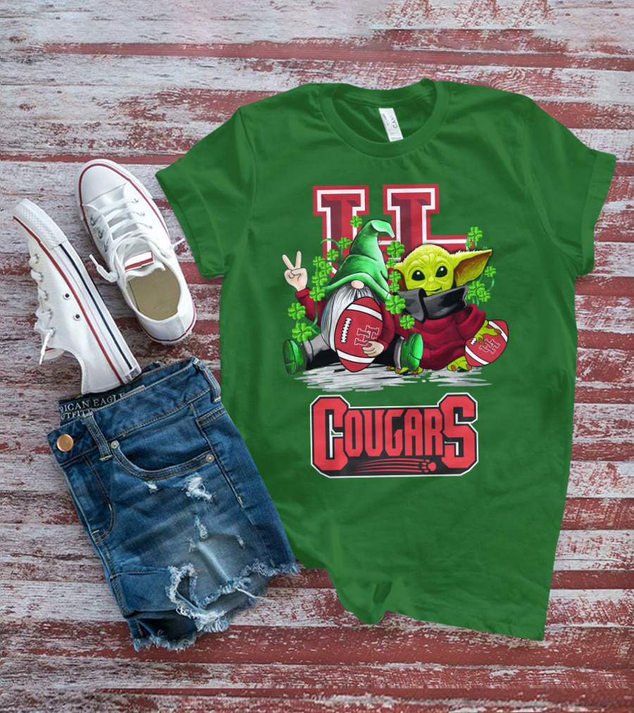 Houston Cougars St. Patrick's Day Football With Gnome And Green Character T-Shirt