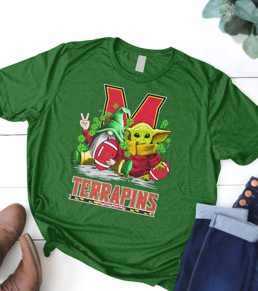 Maryland Terrapins Football St. Patrick's Day Gnome And Baby Yoda T-Shirt