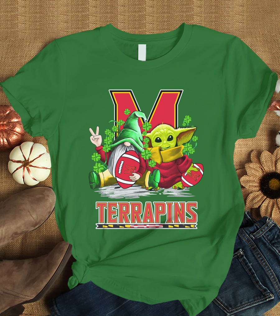 Maryland Terrapins Football St. Patrick's Day Gnome And Baby Yoda T-Shirt