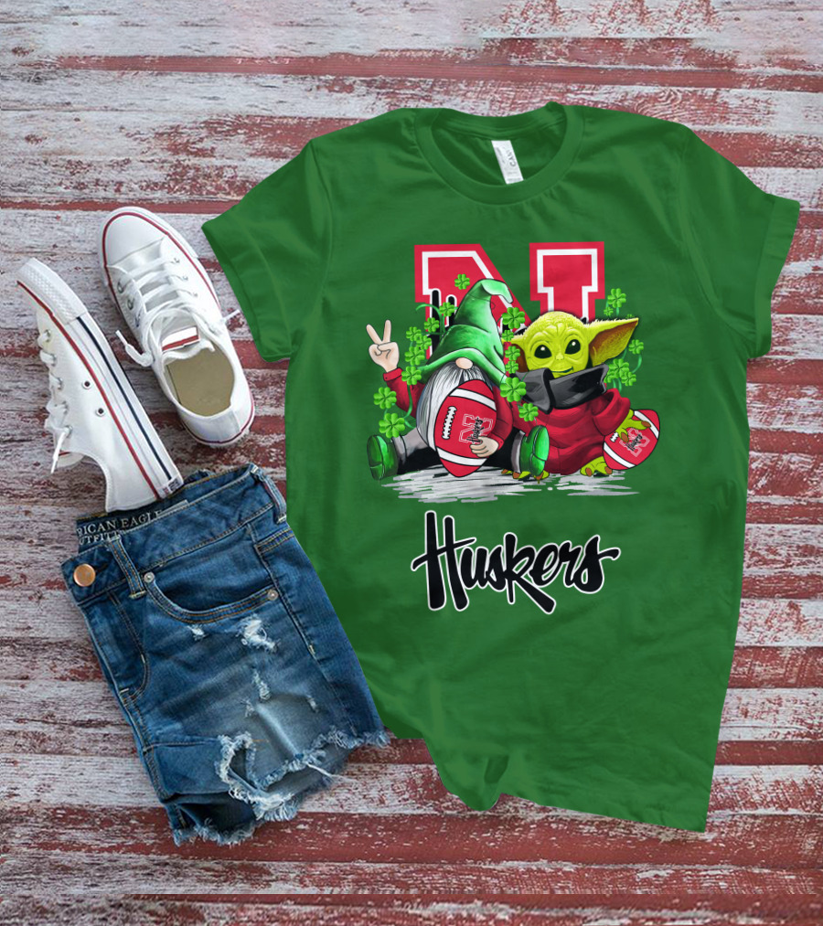 Huskers Nebraska Cornhuskers Football Saint Patrick's Day Green Character Football Image T-Shirt