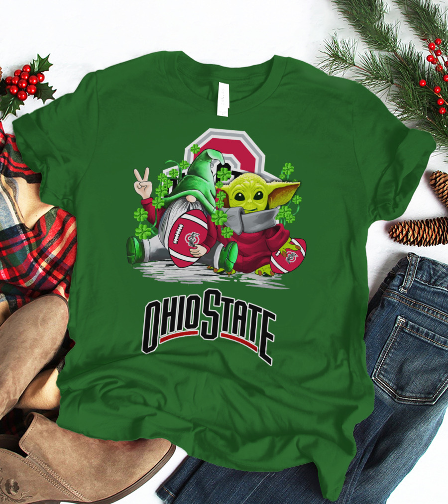 Ohio State Buckeyes Football St. Patrick’s Day Gnome And Yoda With Shamrocks T-Shirt