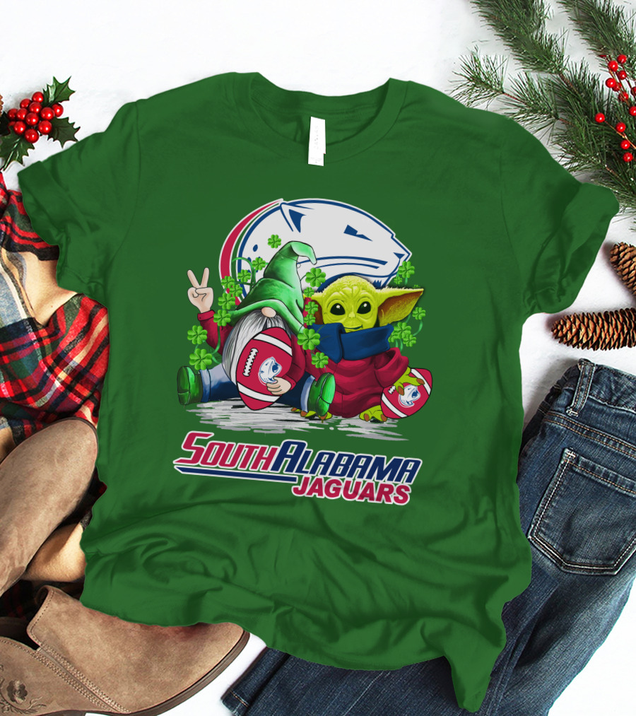 South Alabama Jaguars Football St. Patrick's Day Gnome And Baby Alien With Shamrocks T-Shirt
