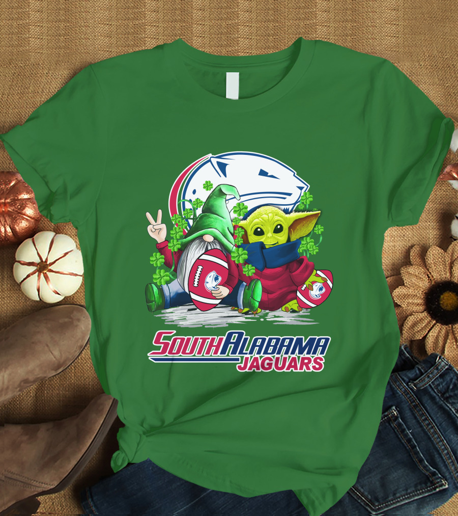 South Alabama Jaguars Football St. Patrick's Day Gnome And Baby Alien With Shamrocks T-Shirt