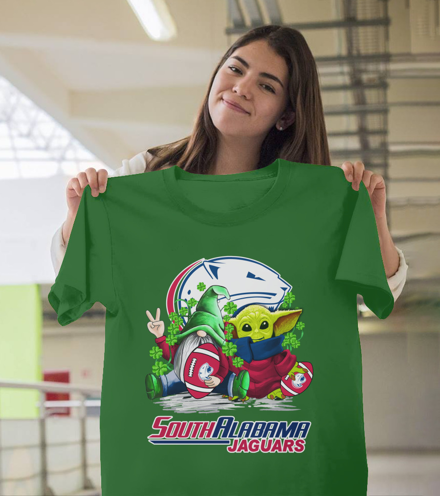 South Alabama Jaguars Football St. Patrick's Day Gnome And Baby Alien With Shamrocks T-Shirt