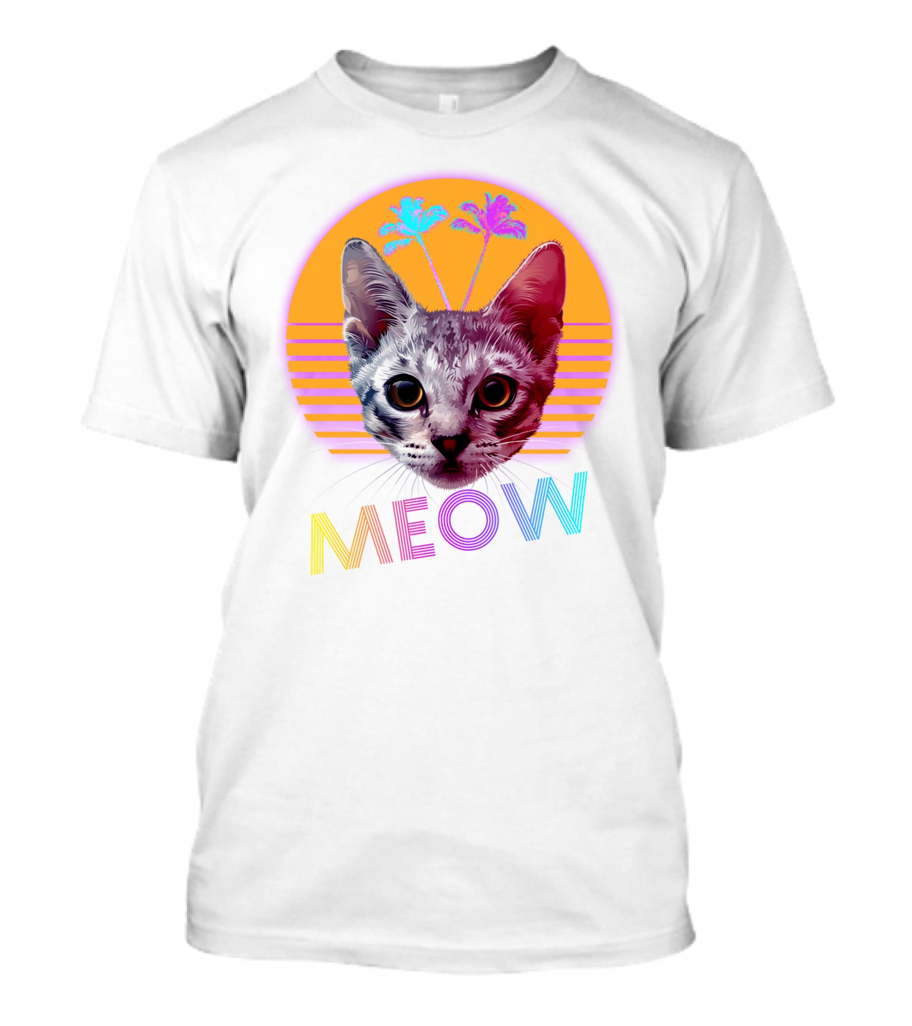 Retro Meow Cat With Palm Trees And Sunset Stripes T-Shirt
