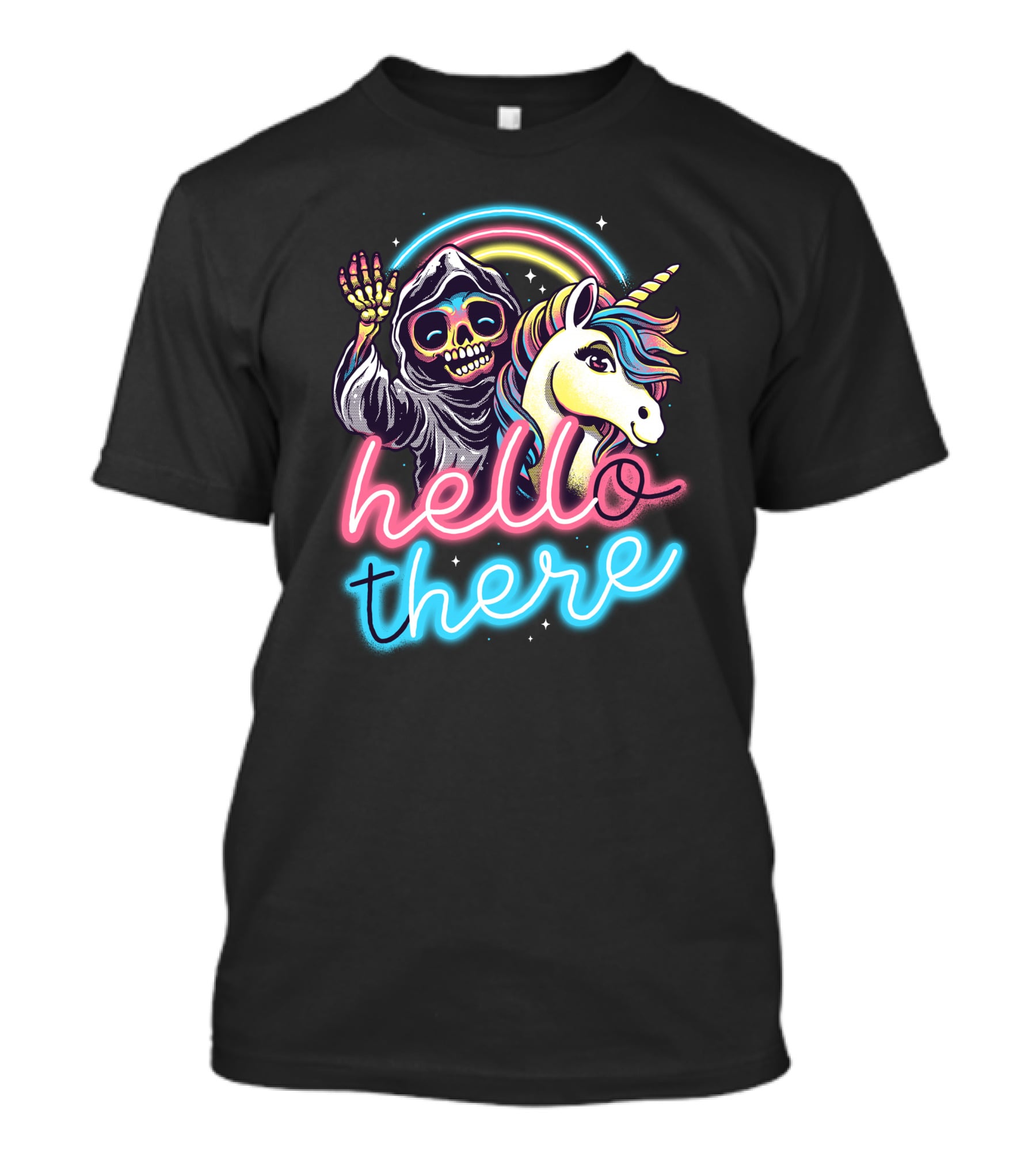 Hello There Grim Reaper And Unicorn Neon Rainbow T-Shirt