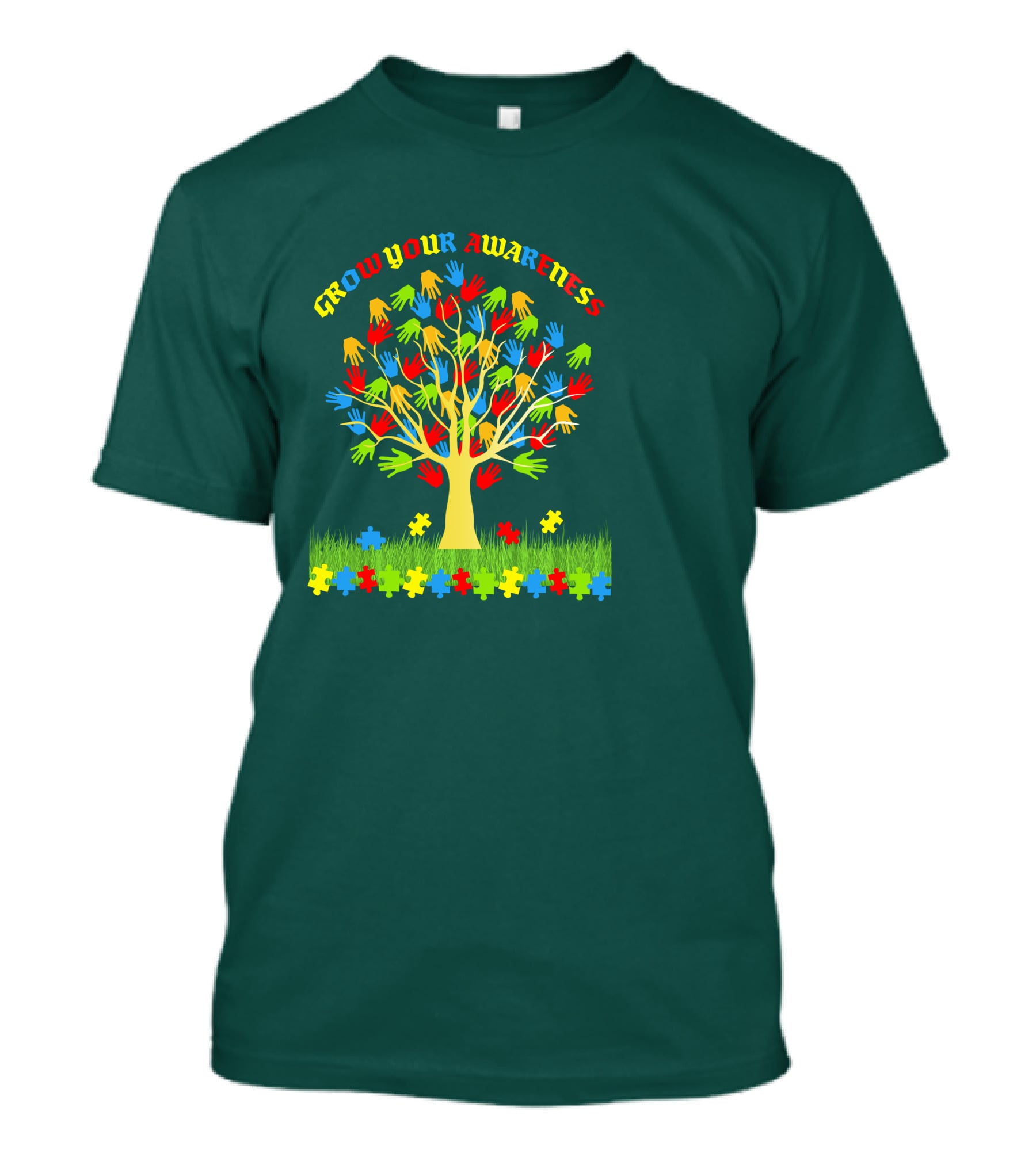 Grow Your Awareness Tree Of Colored Hands And Puzzle Pieces T-Shirt