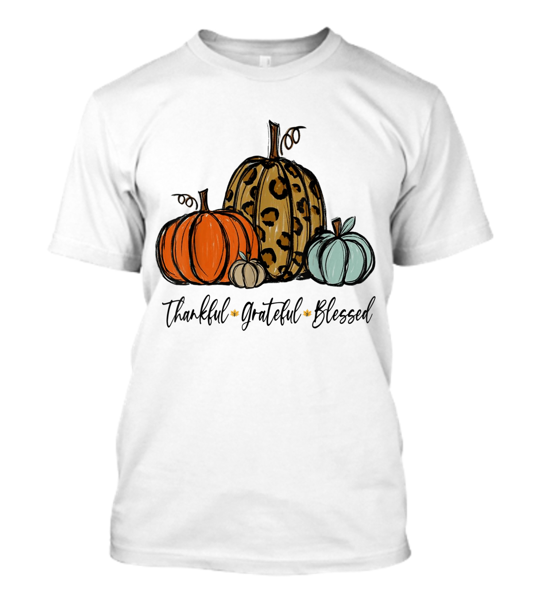 Thankful Grateful Blessed Leopard Print Pumpkin Thanksgiving Day T-Shirt