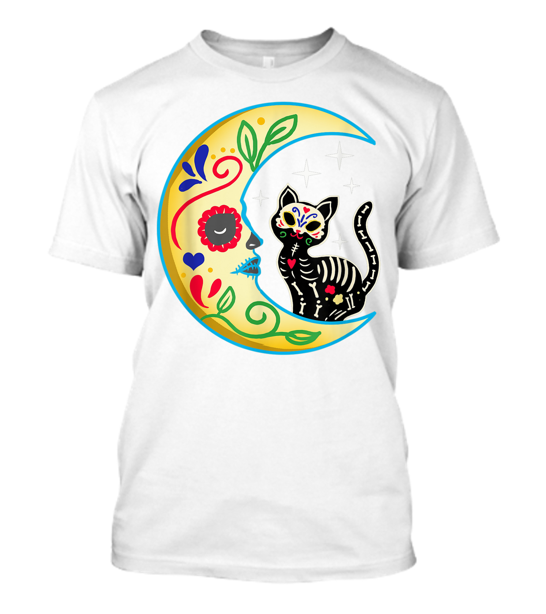 Cat And Moon Sugar Skull Dia De Los Muertos Day Of The Dead Mexican Festival T-Shirt