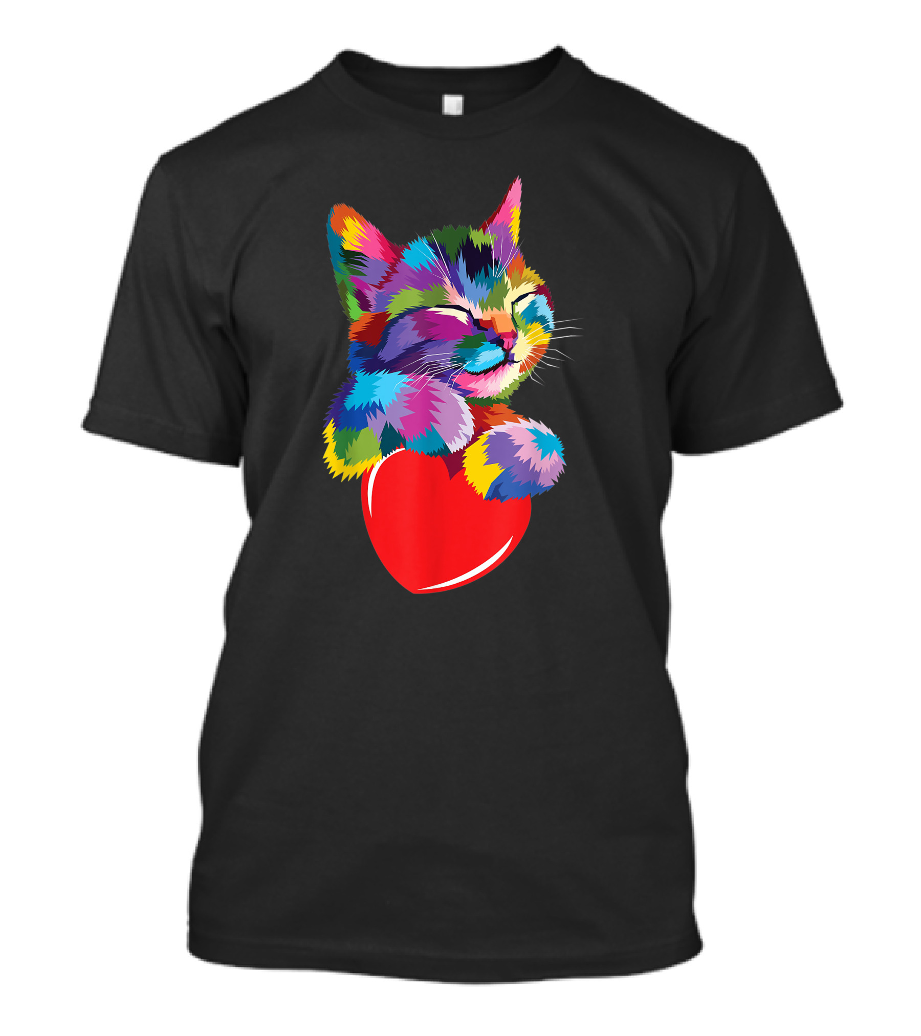 Colorful Cat Hugging Red Heart Cat Lover T-Shirt