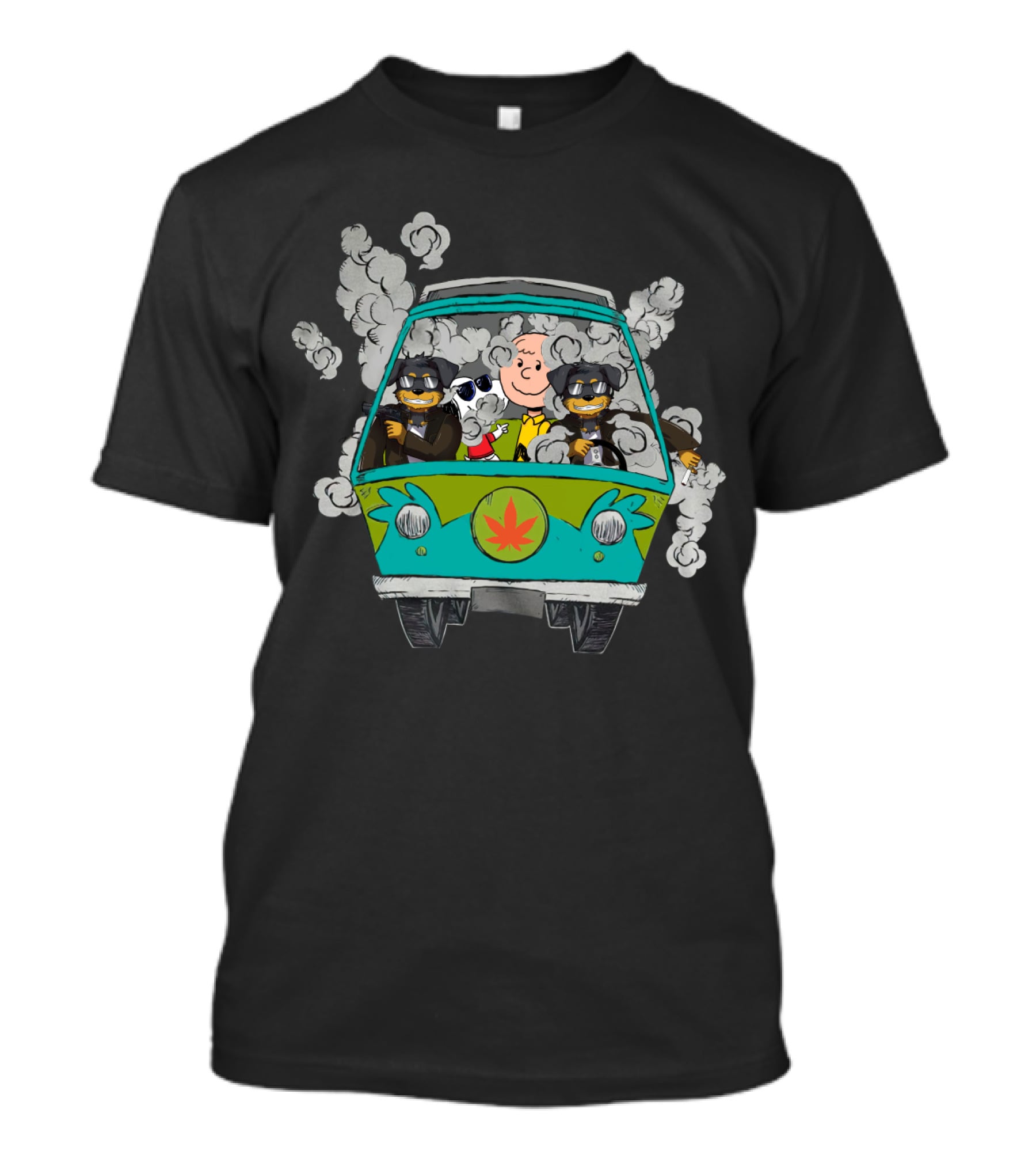 Rottweiler Ds0 Road Trip In Smoke-Filled Van With Cartoon Characters T-Shirt