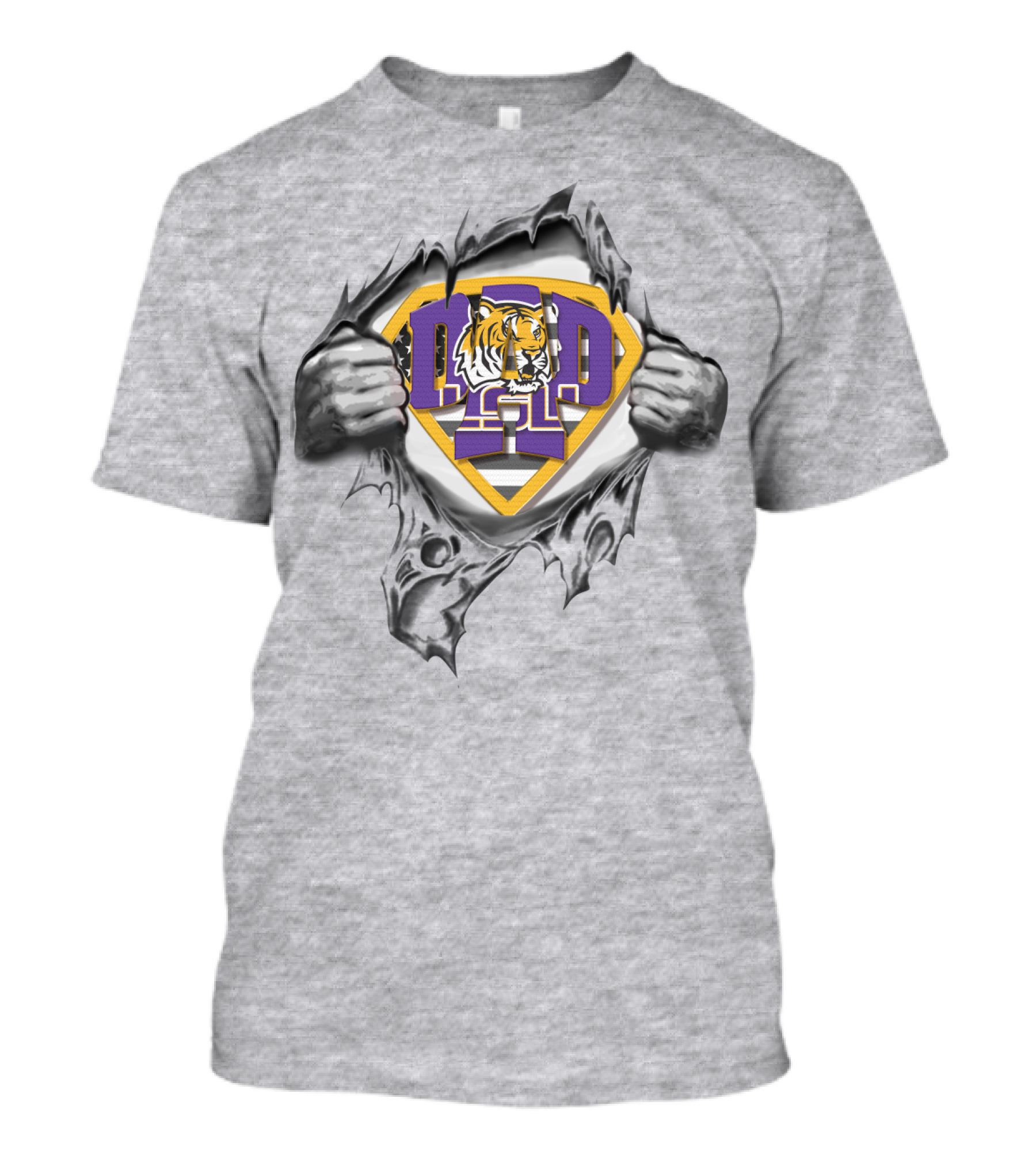 Superdad Lsu Tigers Iconic Tiger Face Logo IN Superhero S Chest Ripped Effect T-Shirt