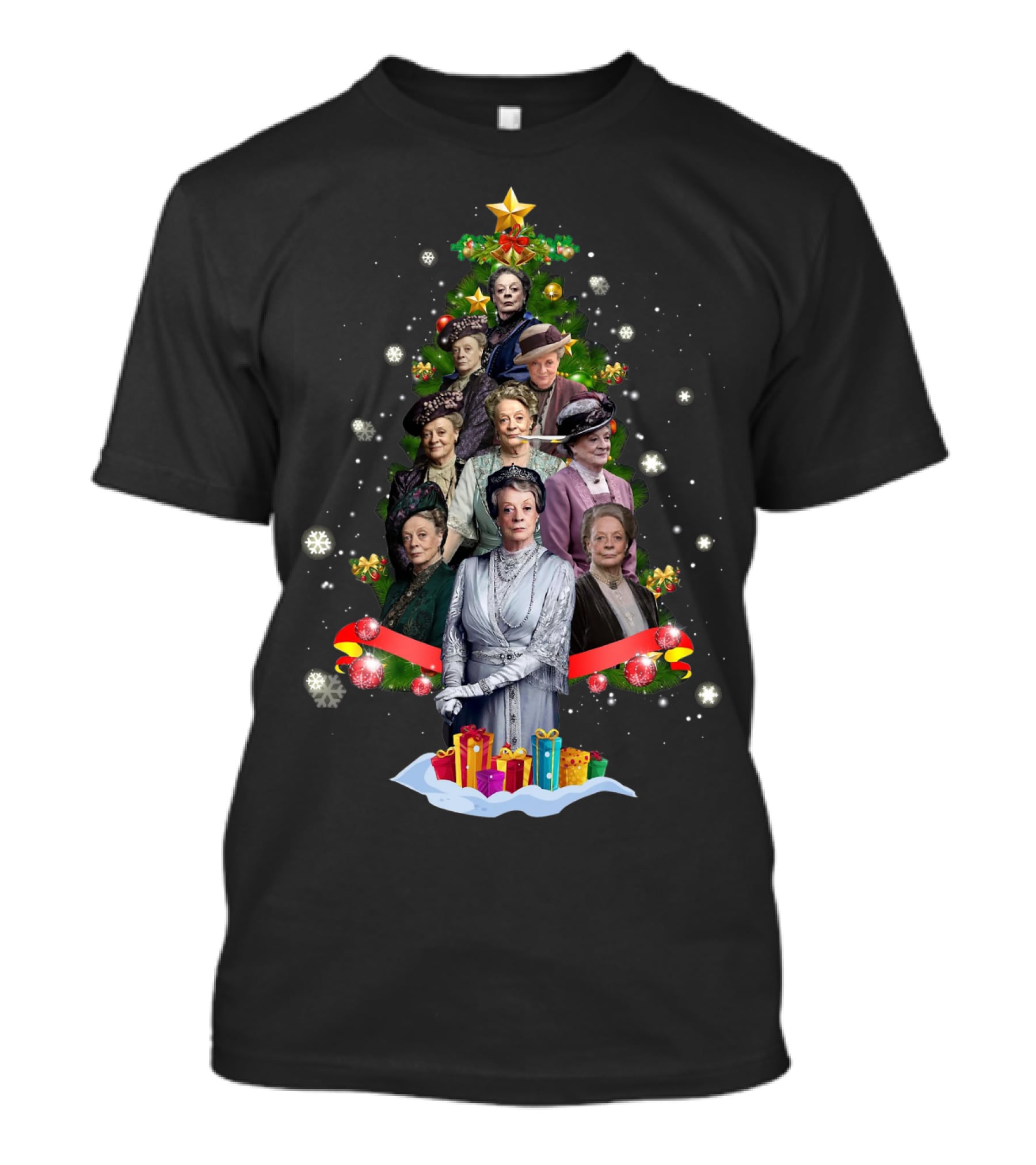 Violet Crawley Christmas Tree Character Montage With Holiday Decorations And Gifts T-Shirt