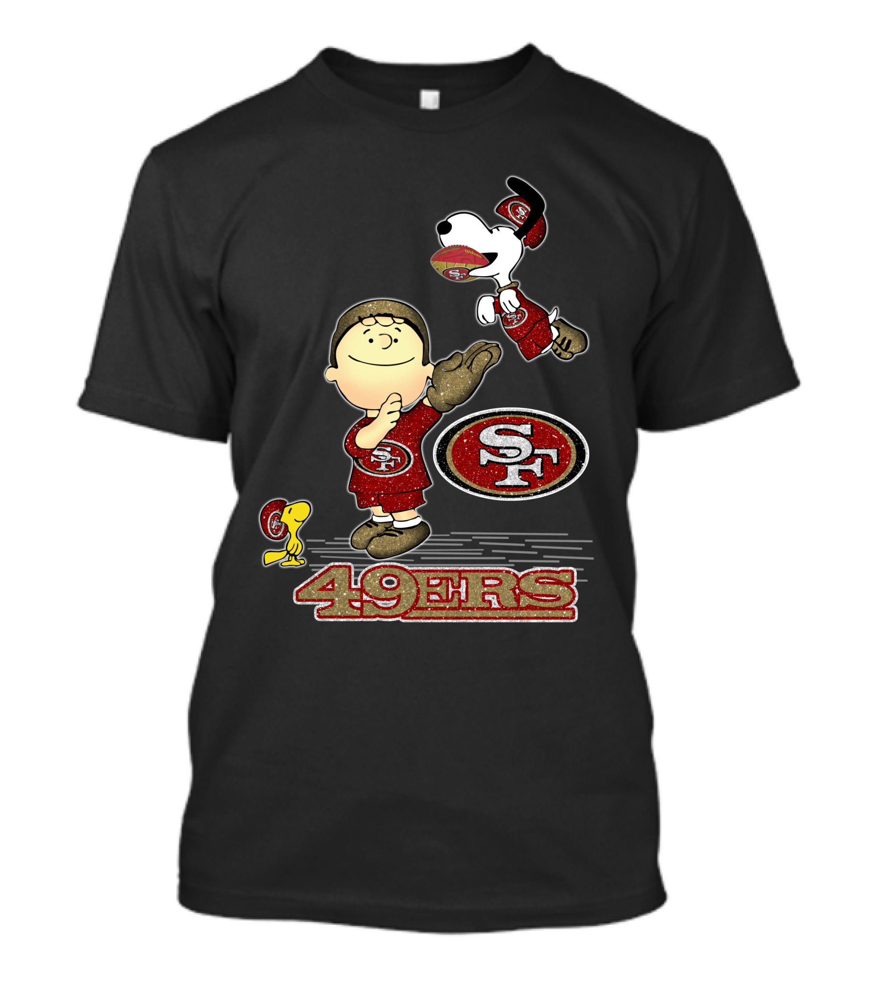 Snoopy And Woodstock With San Francisco 49ers Sf Logo In Red And Gold T-Shirt