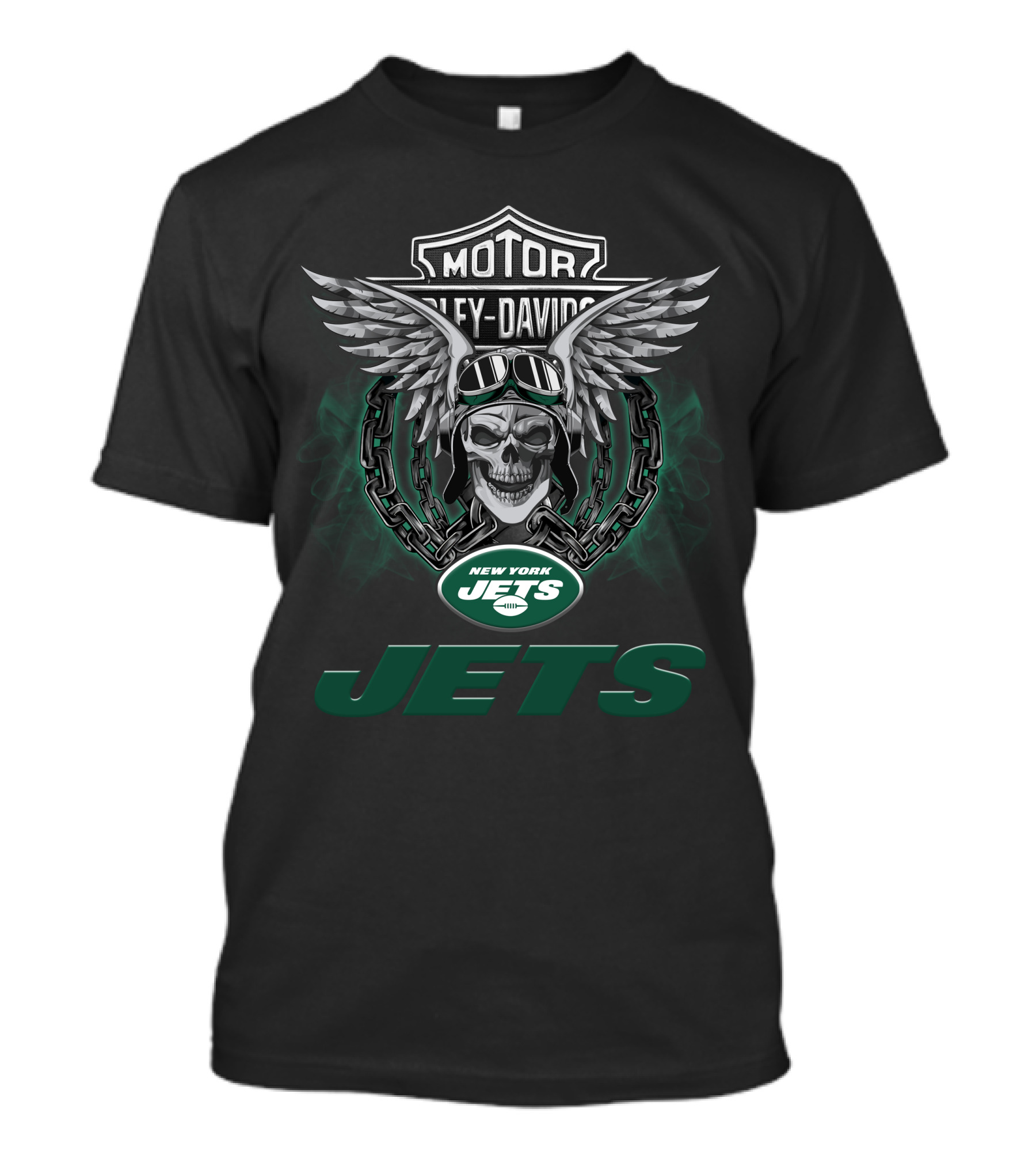 New York Jets Nfl Football Fans Harley Davidson Motor Wings Skull T-Shirt