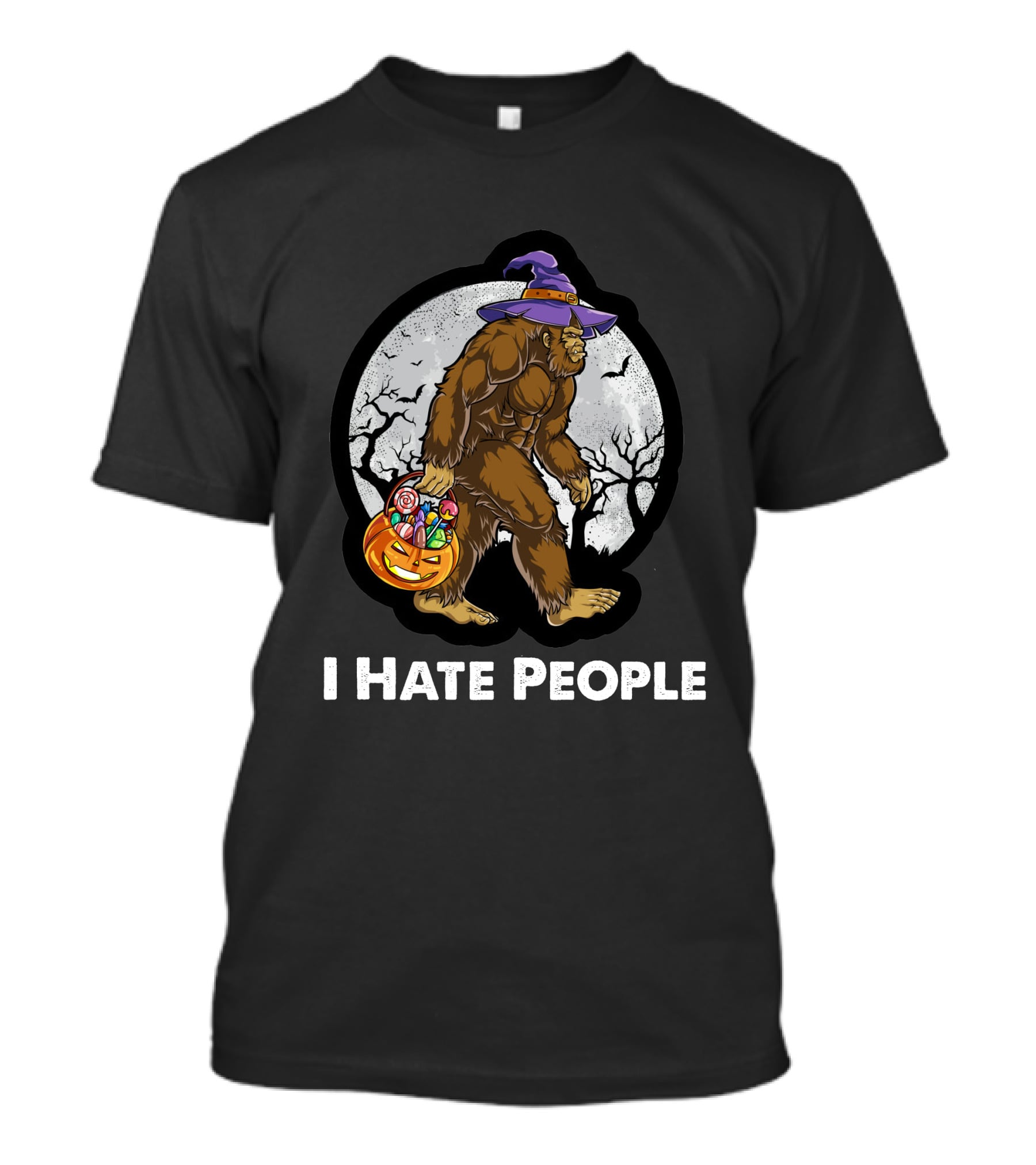 I Hate People Bigfoot Halloween Candy Pumpkin Moon Scene T-Shirt